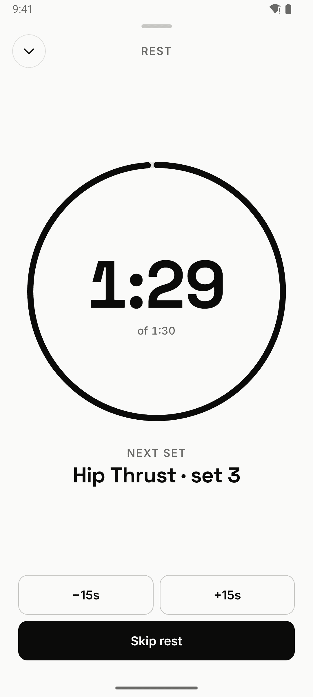 Full-screen rest timer counting down to the next set, with −15s, +15s and Skip rest
