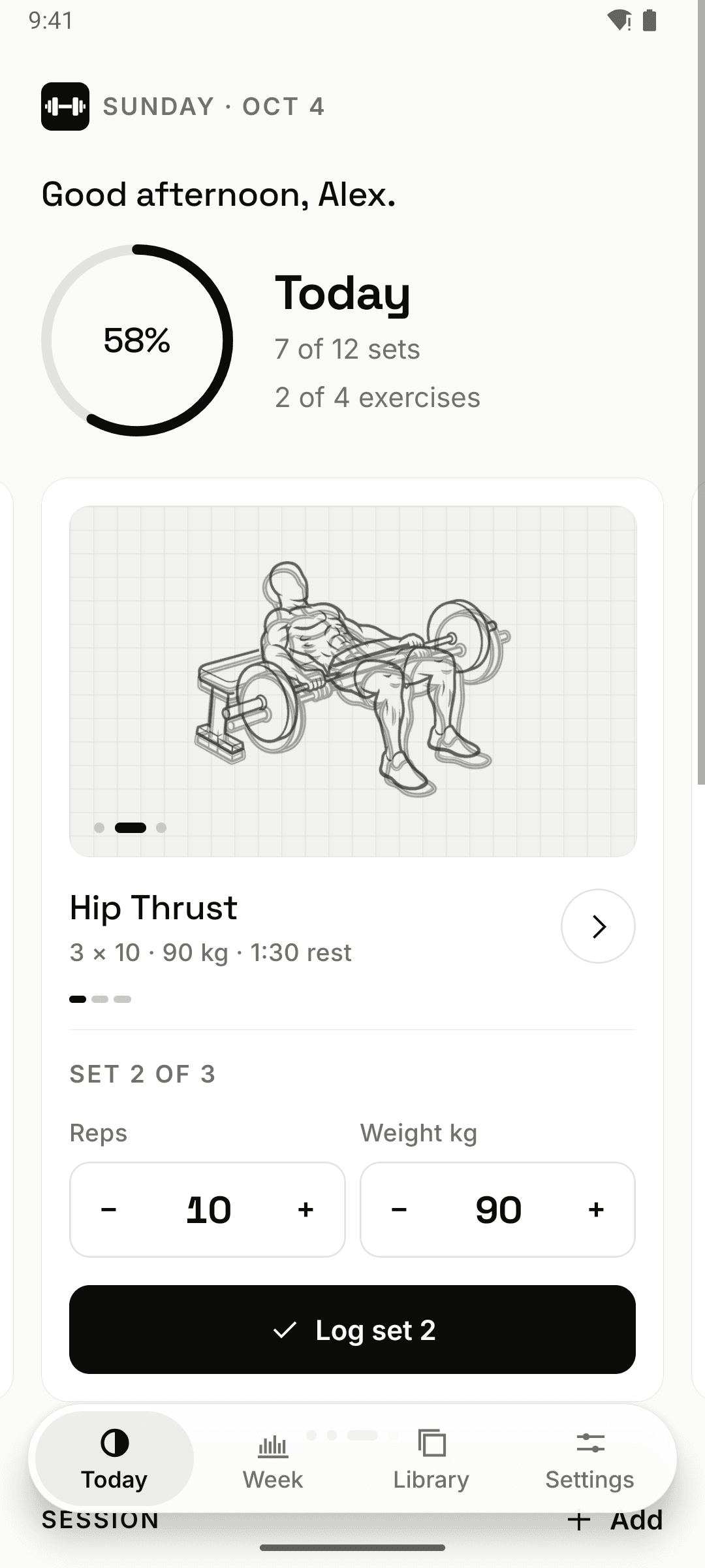 Today tab: a greeting, the session's progress ring and a carousel of today's exercises