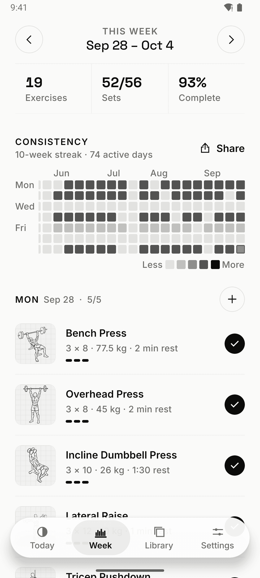 Week tab: Monday to Sunday, each day listing its planned exercises